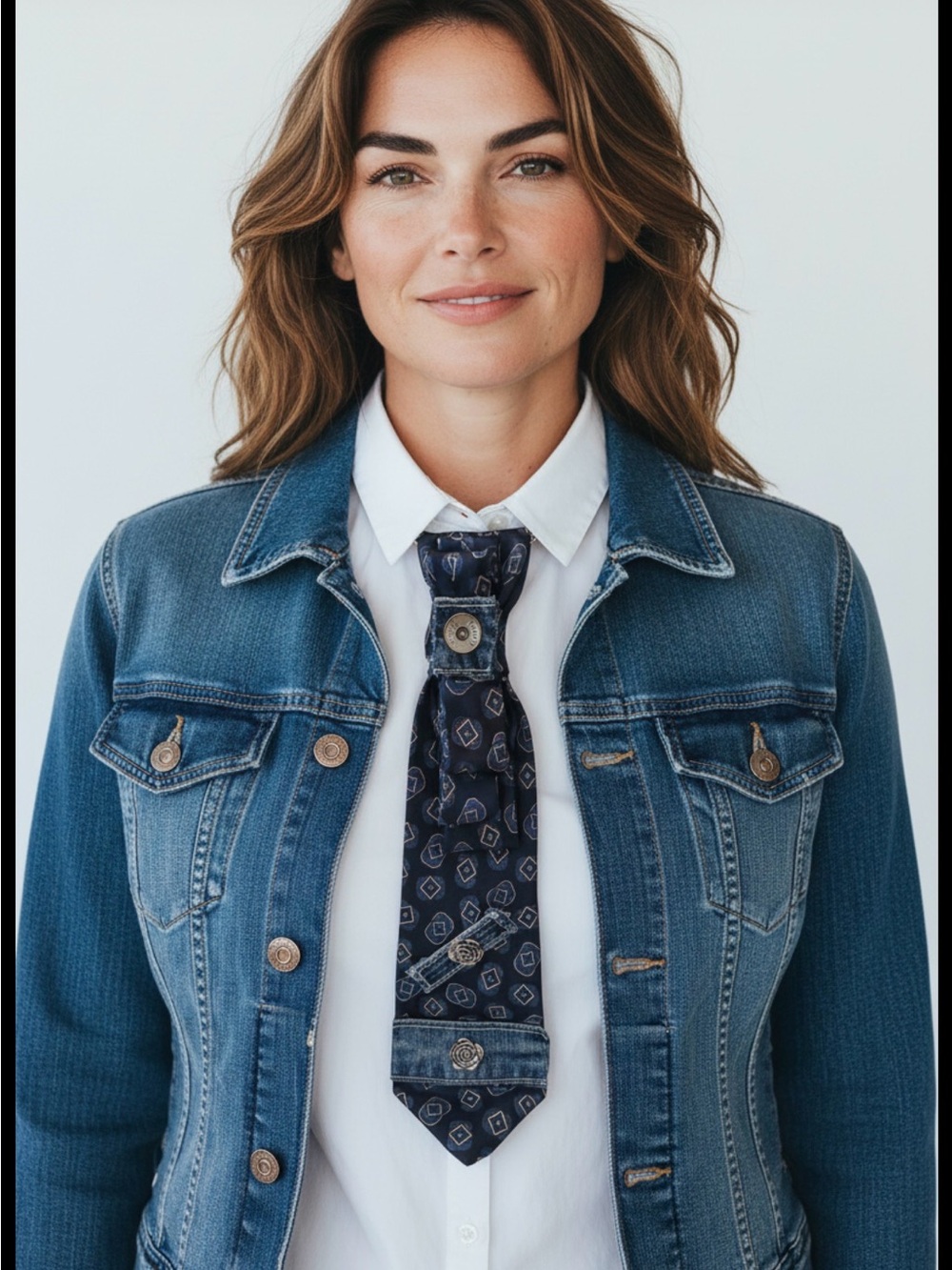 Women’s Navy Patterned Tie Necklace with Denim Accents